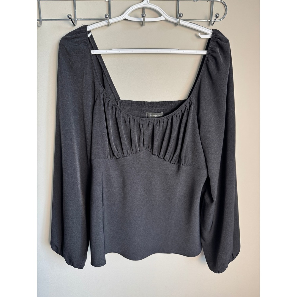 Banana Republic Factory Smocked Back Blouse Black 12 Dark Academia Goth Chic